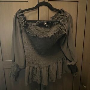 Crinkle Chiffon Smocked Waist Off Shoulder Crop Top